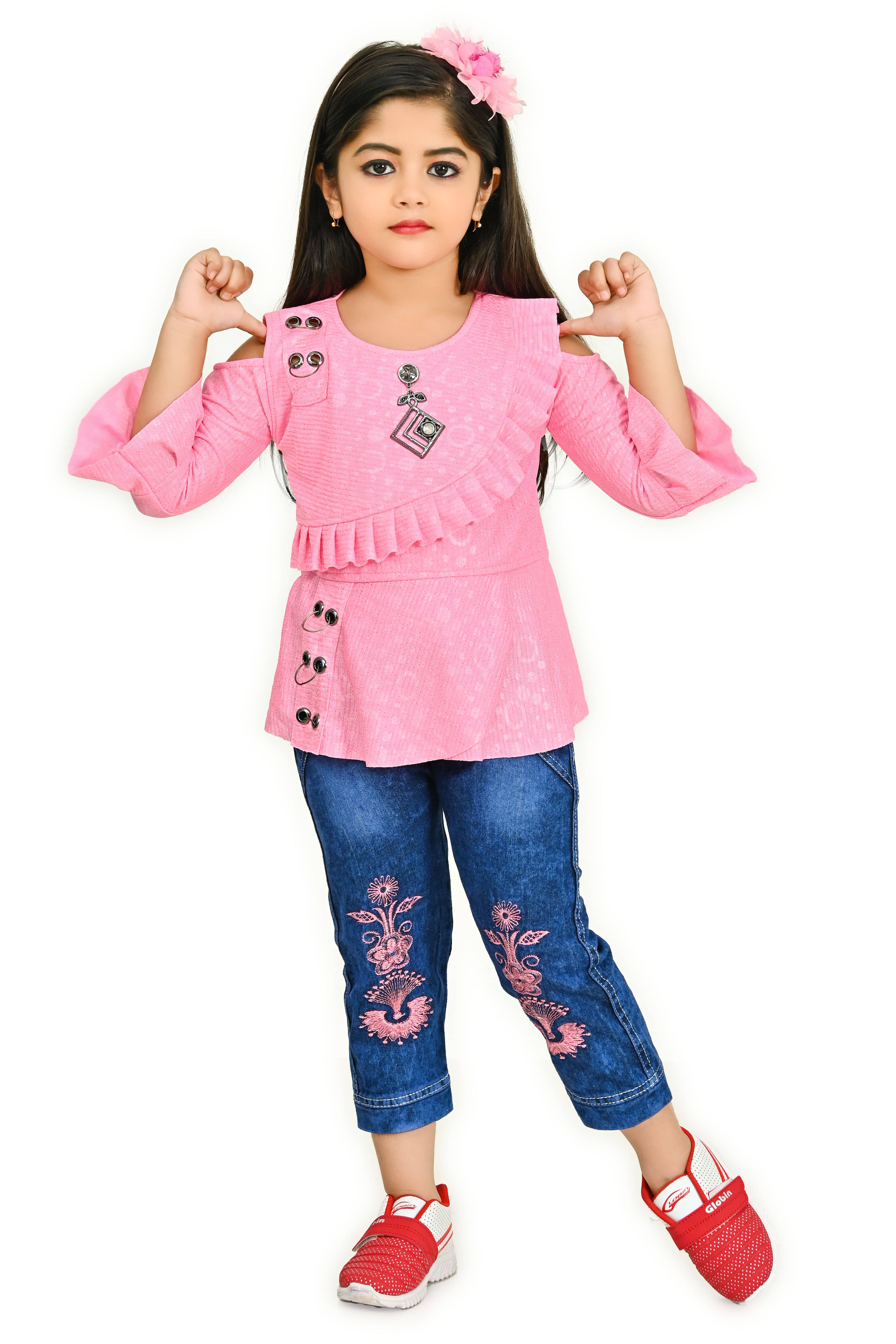 IMON BASID Pack of 1 Girls Linen Top With Jeans ( Orange )
