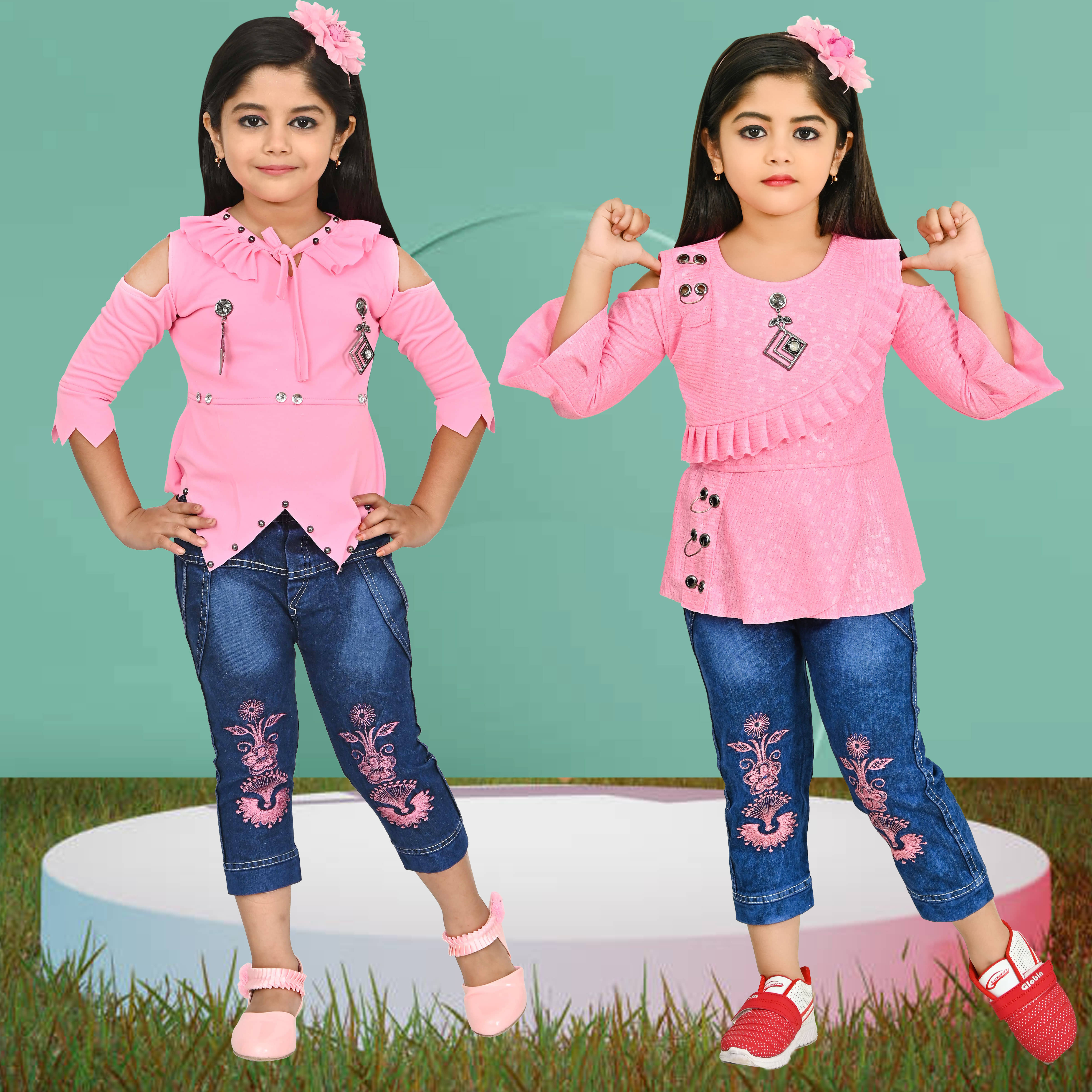 IMON BASID Pack of 2 Girls Linen Top With Jeans ( Pink )