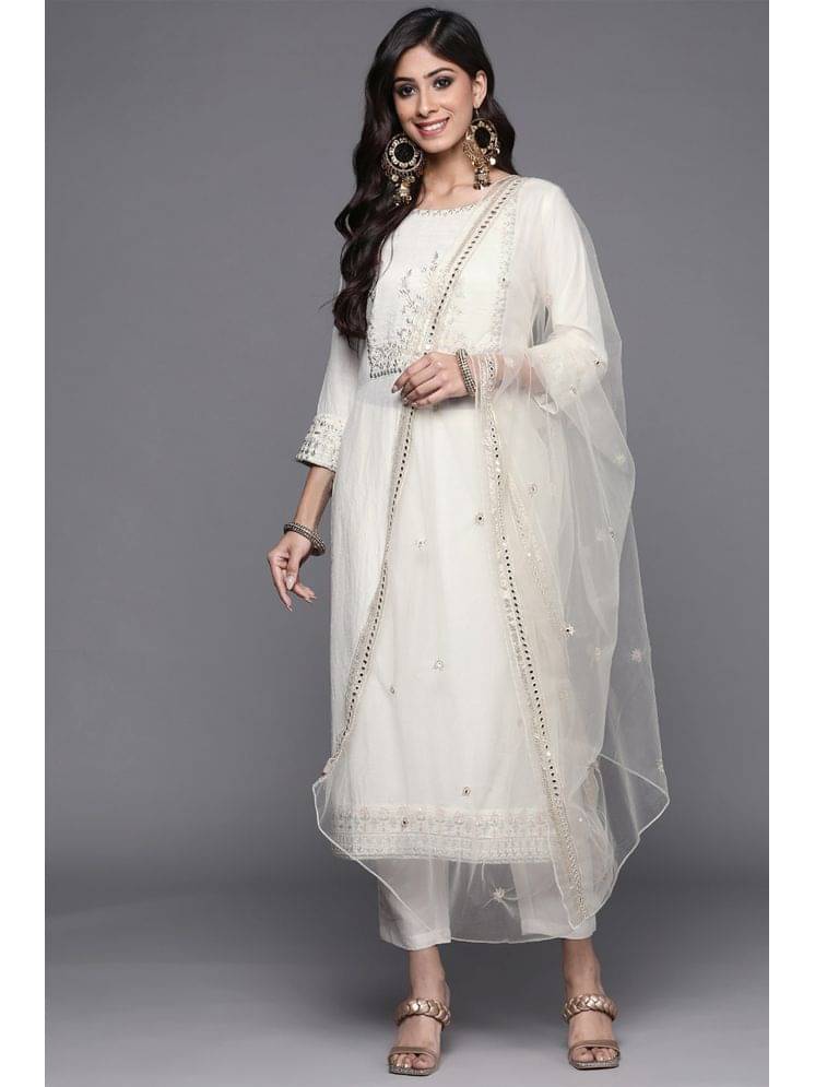 LEKHIT Cotton Silk Embroidered Kurti With Pants Women's Stitched Salwar Suit - Off White ( Pack of 1 ) LEKHIT Cotton Silk Embroidered Kurti With Pants Women's Stitched Salwar Suit - Off White ( Pack of 1 )