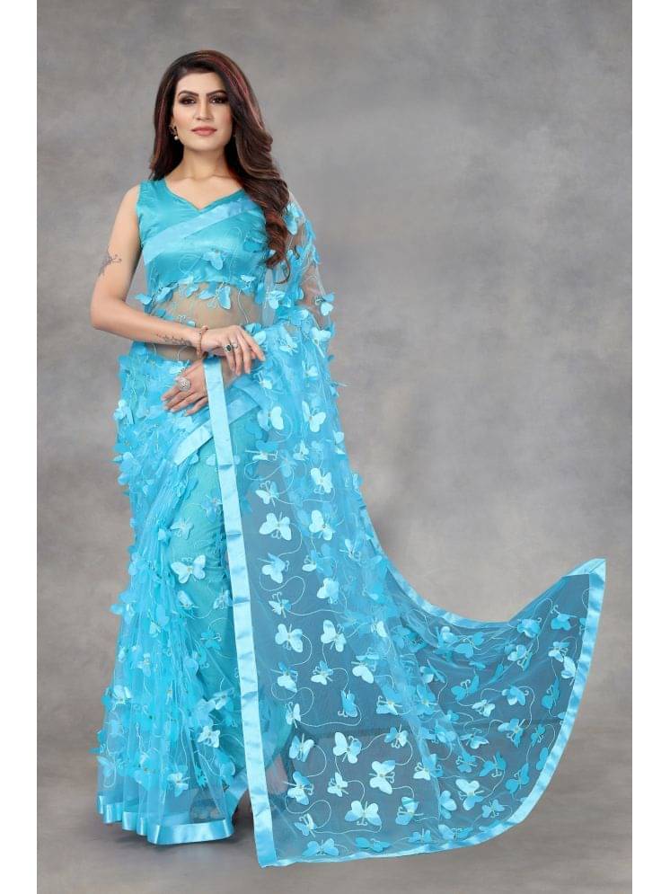Lady Shopi Net Embellished Saree With Unstitched Blouse Piece ( Turquoise ) Lady Shopi Net Embellished Saree With Unstitched Blouse Piece ( Turquoise )