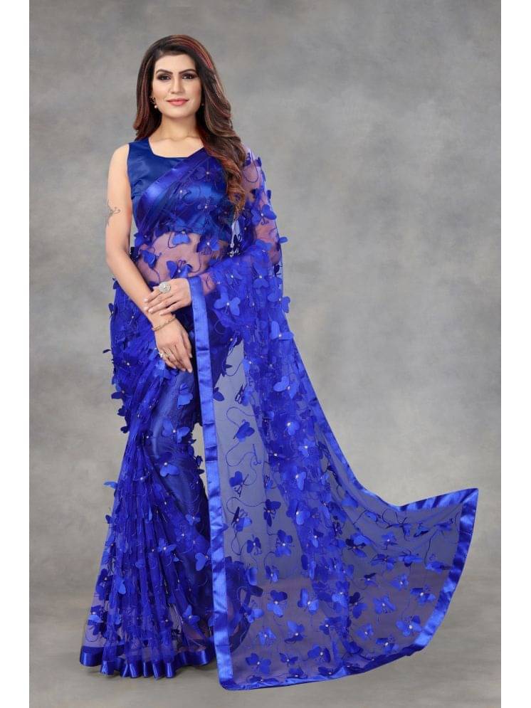 Lady Shopi Net Embellished Saree With Unstitched Blouse Piece ( Blue ) Lady Shopi Net Embellished Saree With Unstitched Blouse Piece ( Blue )