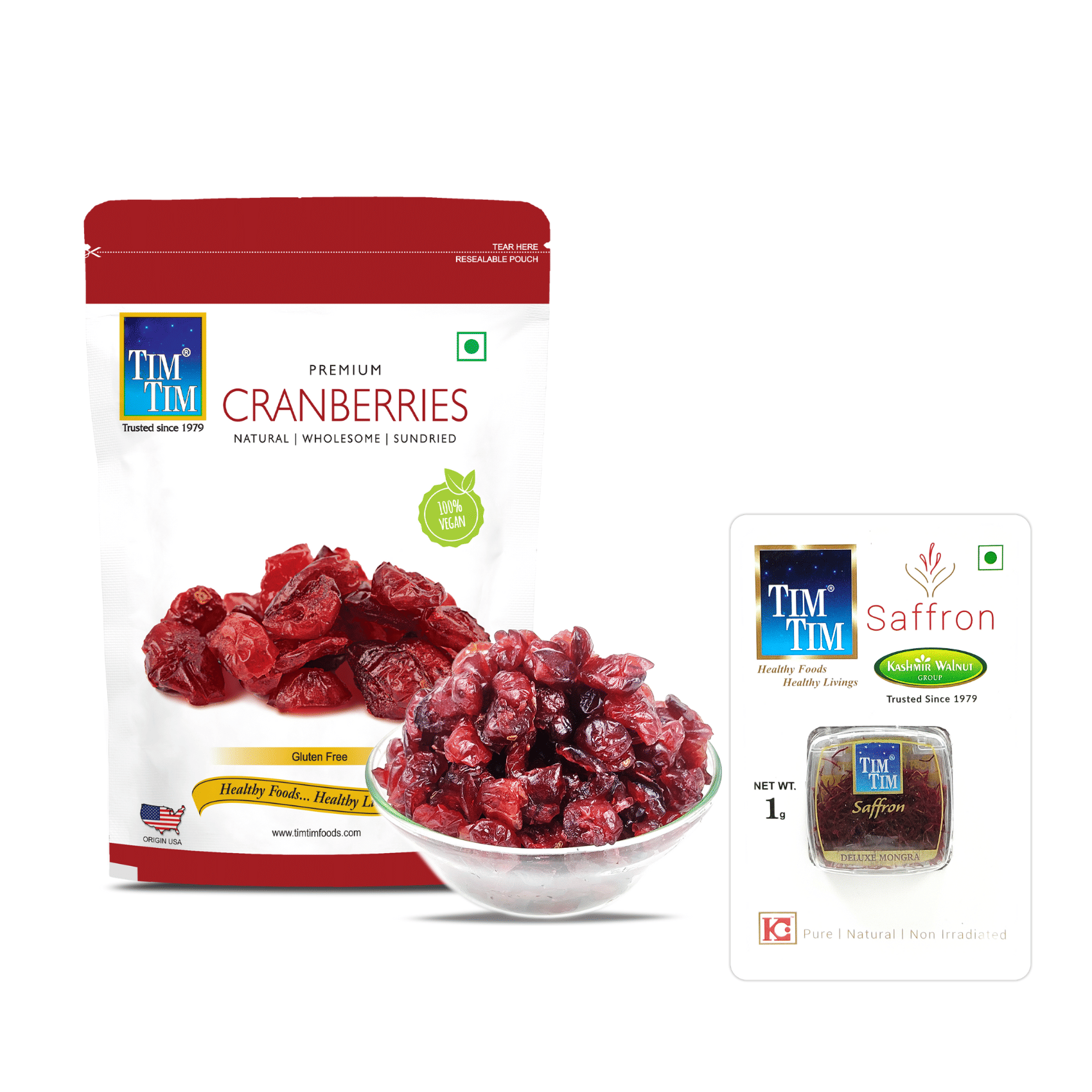     			Tim Tim Premium Cranberries 250g and Kashmiri Saffron 1g.