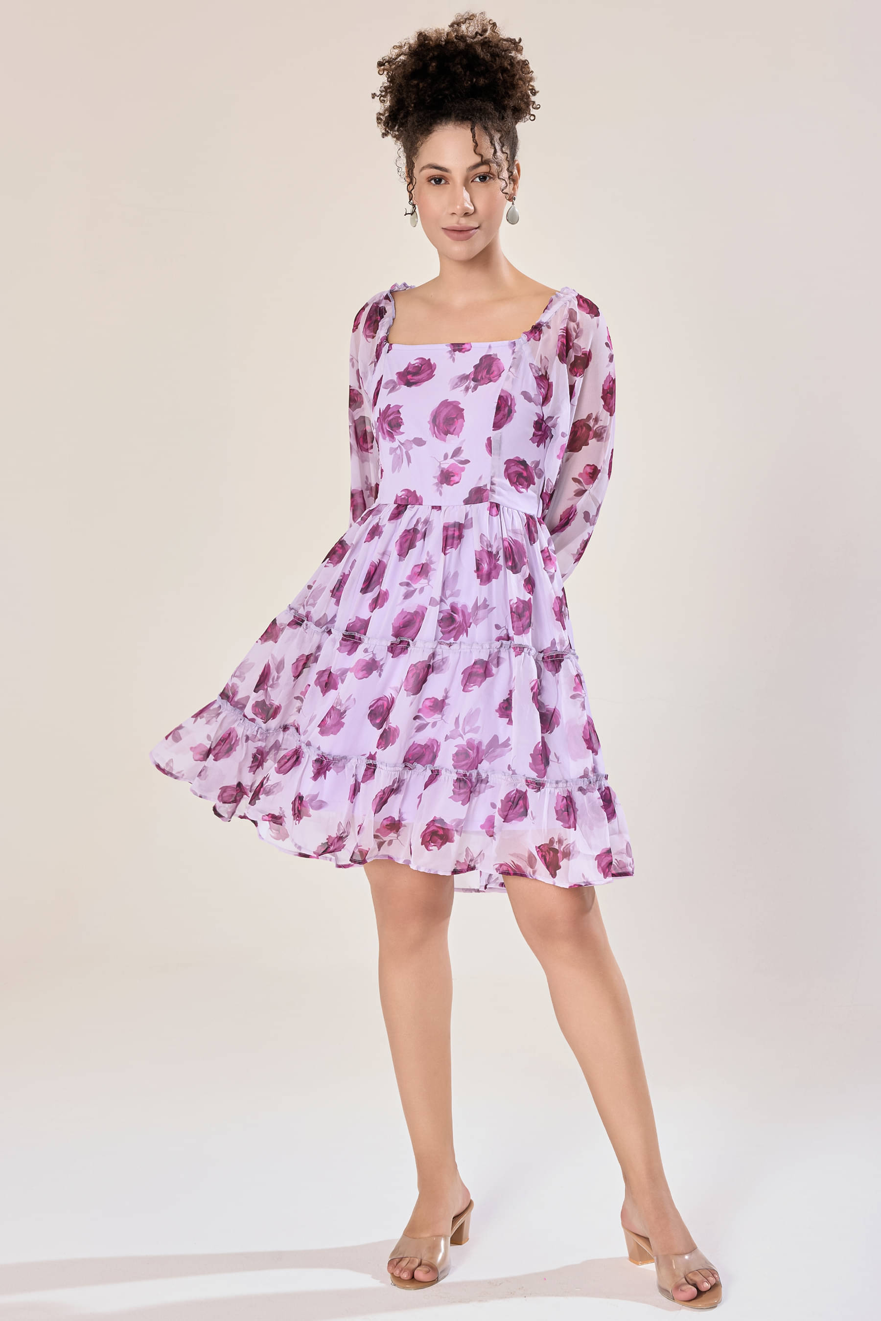 Urban Sundari Women Georgette Printed A-line Dress ( Purple ) Urban Sundari Women Georgette Printed A-line Dress ( Purple )