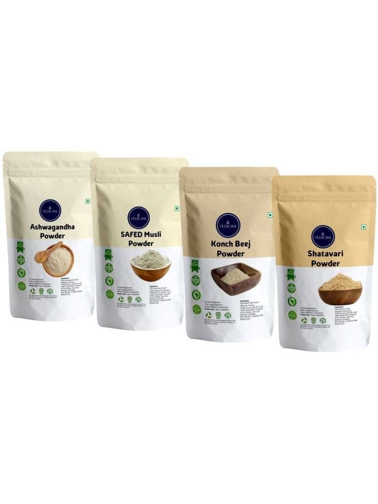 Vedicine Pure Ashwagandha Safed Mulsi Konch Beej and Shatawari Powder (50g each) (Pack of 4) Vedicine Pure Ashwagandha Safed Mulsi Konch Beej and Shatawari Powder (50g each) (Pack of 4)