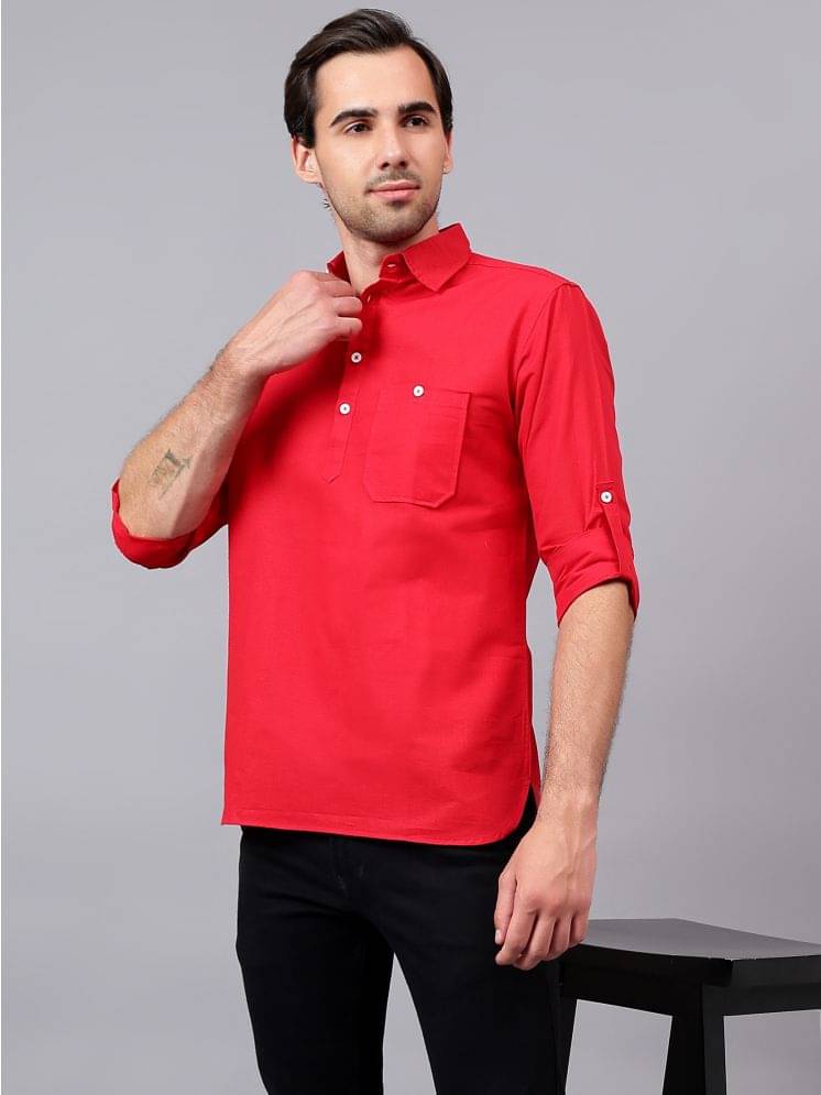 Yugnik Red Cotton Men's Shirt Style Kurta ( Pack of 1 ) Yugnik Red Cotton Men's Shirt Style Kurta ( Pack of 1 )