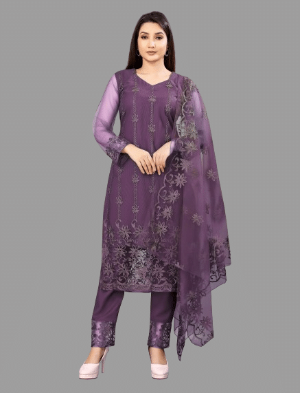    			LEKHIT Net Embroidered Kurti With Pants Women's Stitched Salwar Suit - Grey ( Pack of 1 )