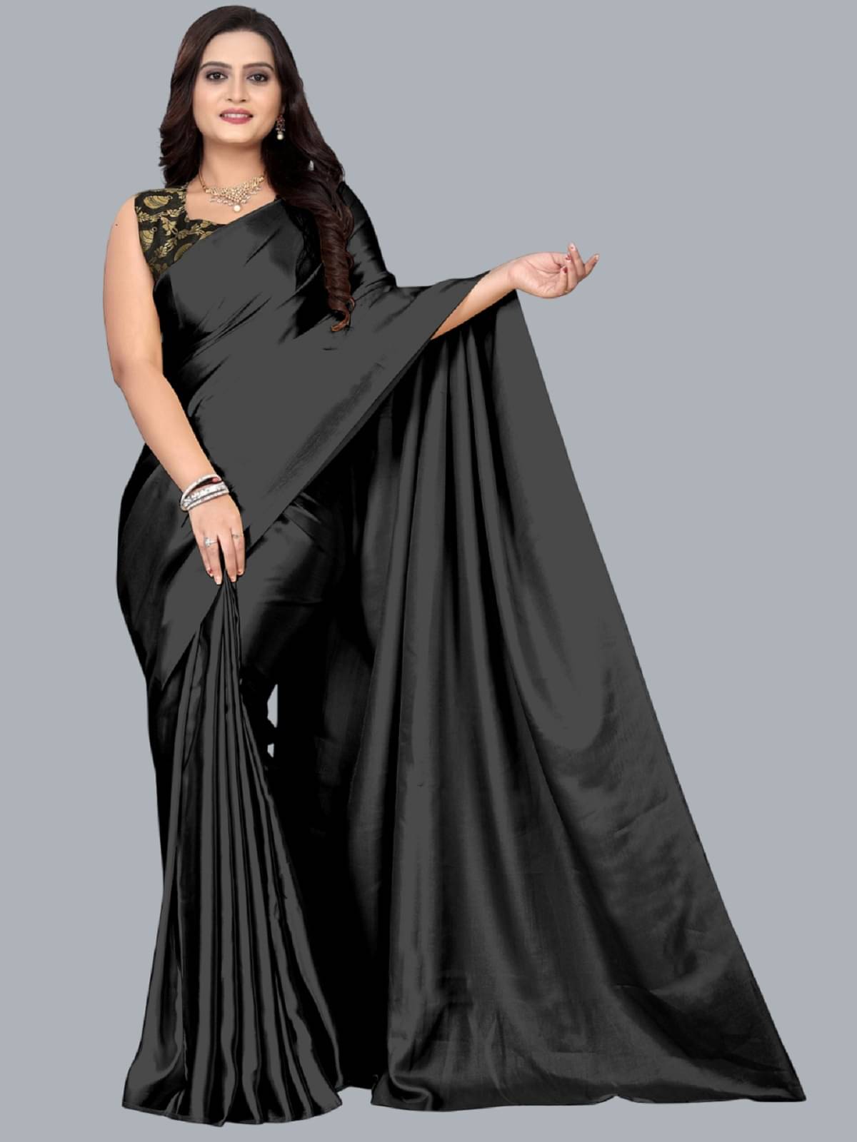 Lady Shopi Banarasi Silk Embellished Saree With Unstitched Blouse Piece ( Black ) Lady Shopi Banarasi Silk Embellished Saree With Unstitched Blouse Piece ( Black )
