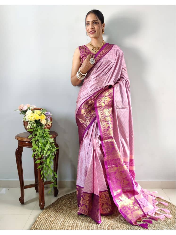 Lady Shopi Banarasi Silk Embellished Saree With Unstitched Blouse Piece ( Pink ) - Sarees | Buy online on ZillyBuy