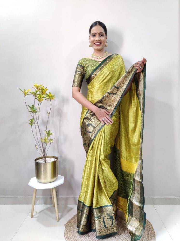     			Lady Shopi Banarasi Silk Embellished Saree With Unstitched Blouse Piece ( Lime Green )