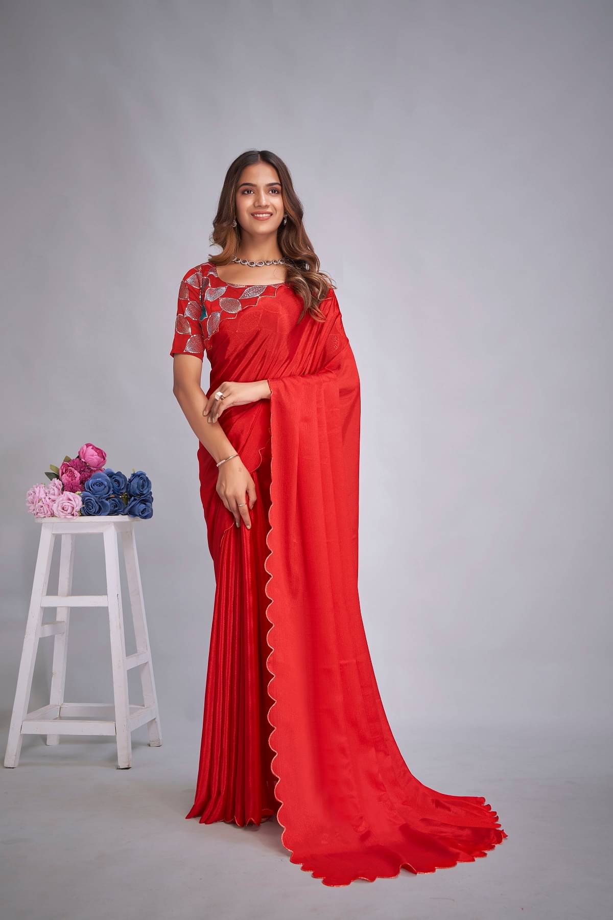 Lady Shopi Chiffon Embellished Saree With Unstitched Blouse Piece ( Red )     			Lady Shopi Chiffon Embellished Saree With Unstitched Blouse Piece ( Red )