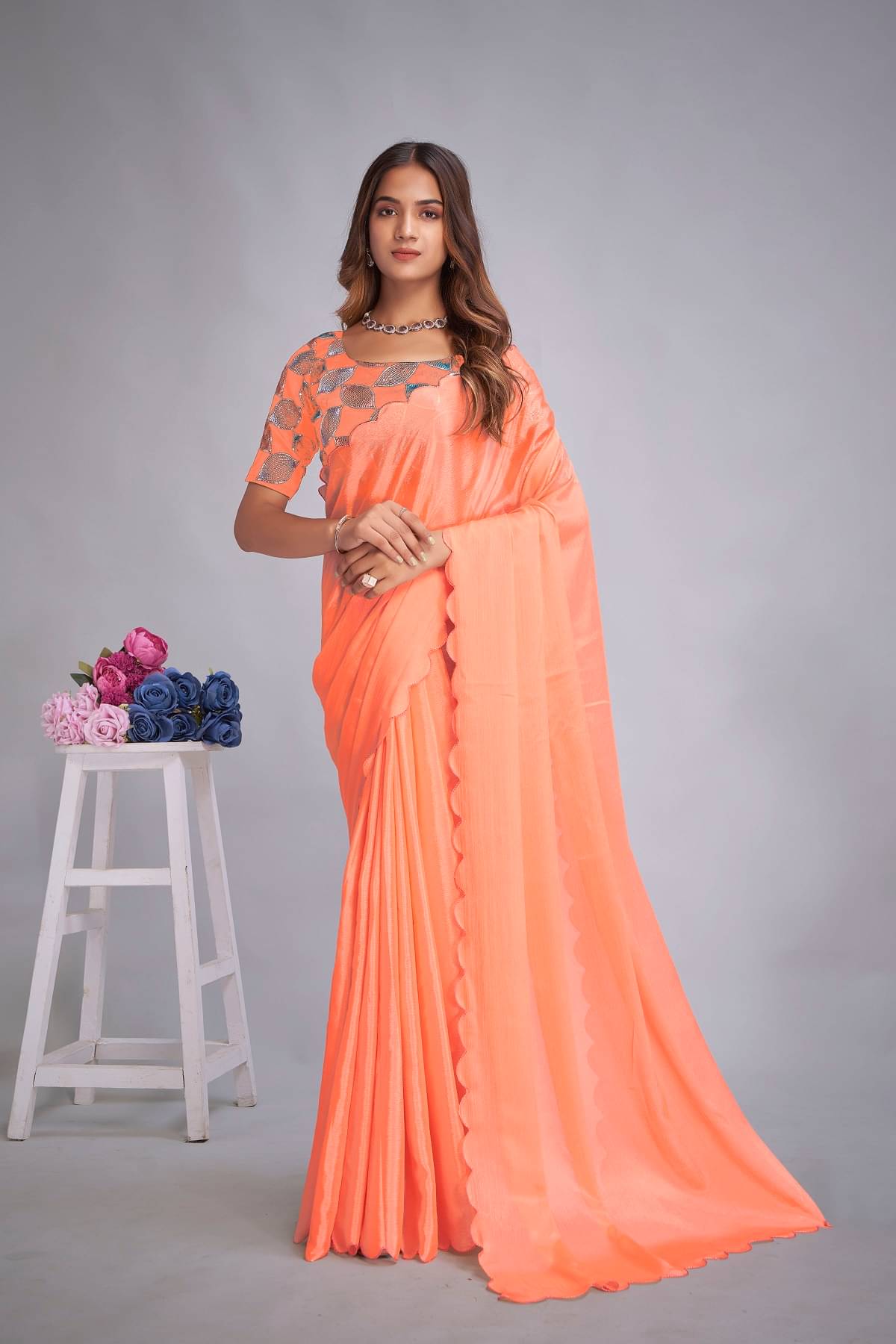 Lady Shopi Chiffon Embellished Saree With Unstitched Blouse Piece ( Orange )     			Lady Shopi Chiffon Embellished Saree With Unstitched Blouse Piece ( Orange )