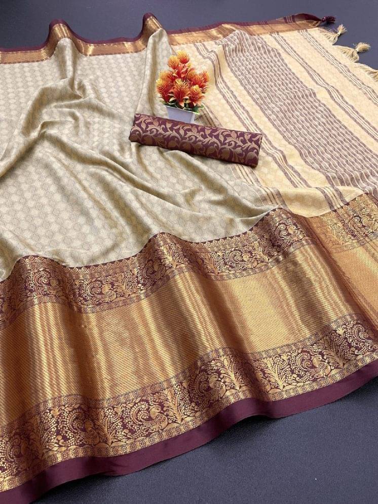 Lady Shopi Cotton Silk Embellished Saree With Unstitched Blouse Piece ( Brown ) Lady Shopi Cotton Silk Embellished Saree With Unstitched Blouse Piece ( Brown )