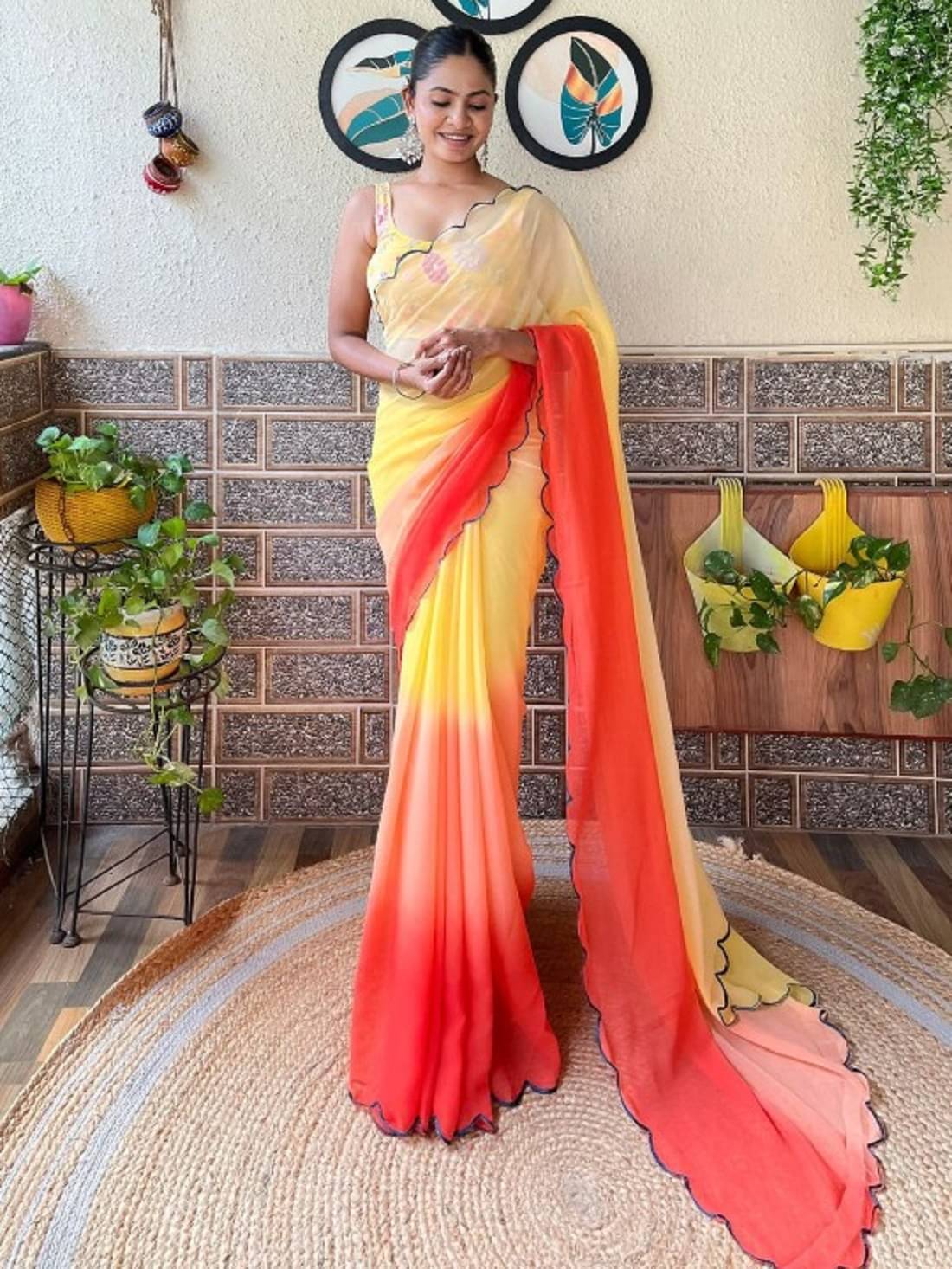 Lady Shopi Georgette Solid Saree With Unstitched Blouse Piece ( Orange )     			Lady Shopi Georgette Solid Saree With Unstitched Blouse Piece ( Orange )