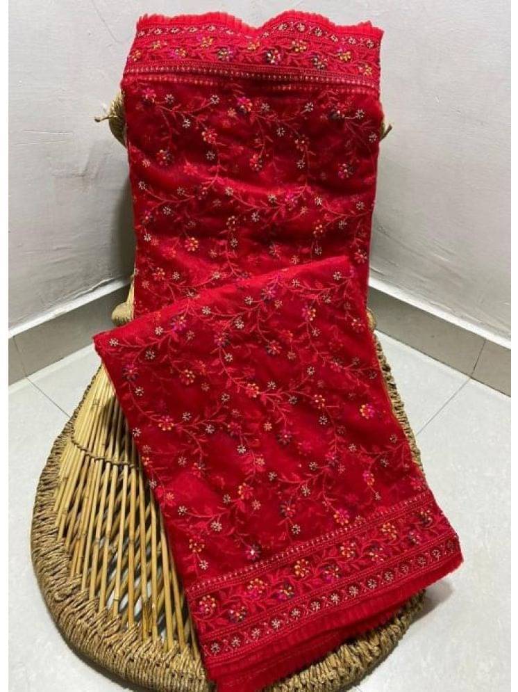 Lady Shopi Net Embellished Saree With Unstitched Blouse Piece ( Red ) Lady Shopi Net Embellished Saree With Unstitched Blouse Piece ( Red )
