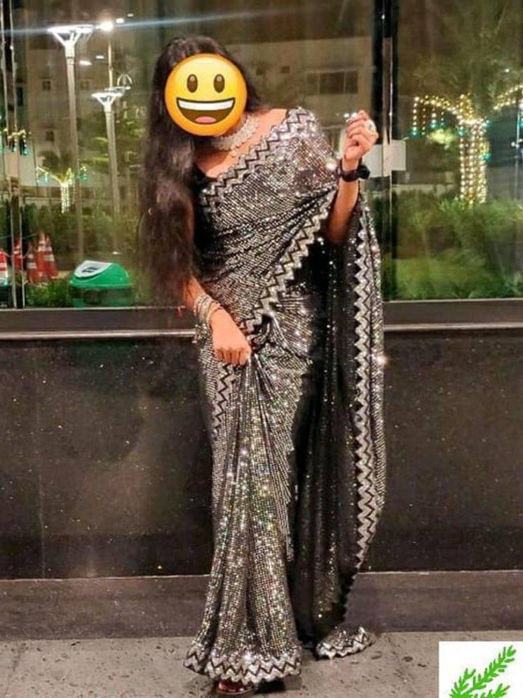     			Lady Shopi Silk Embellished Saree With Unstitched Blouse Piece ( Black )