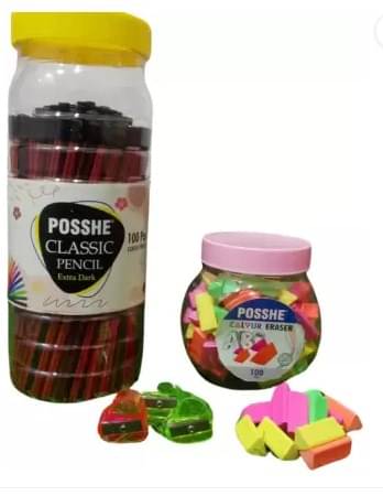     			Posshe 100 Hexa Pencil 100 Florescent Trigle Eraser & 2 Crystel Dil Sharpener Pencil (Set of 202, Multicolor)
