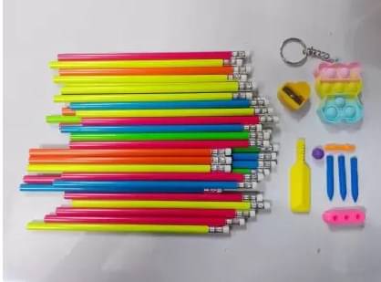     			Posshe Flora 25 pencil 1 Pop It Key Chain 1 Cricket Eraser 1 Heart Sharpener Combo Pencil (Set of 28, Multicolor)