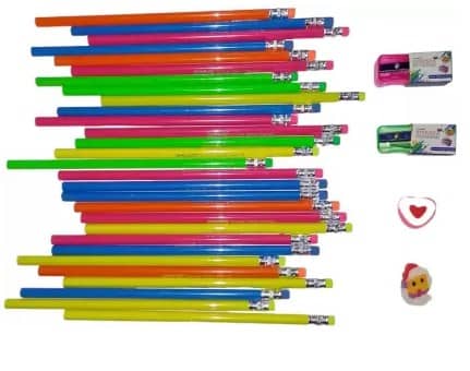 Posshe Pencil HB Pencil pack of 35 with 2 Cartoon Eraser 2 Crystal Sharpener Pencil (Set of 39, Multicolor)