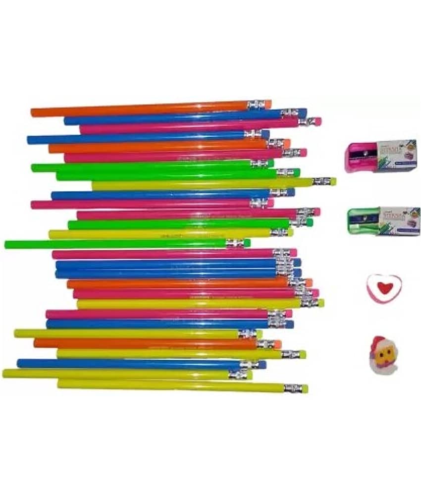 Posshe Pencil HB Pencil pack of 35 with 2 Cartoon Eraser 2 Crystal Sharpener Pencil (Set of 39, Multicolor) - Stationery | Buy online on ZillyBuy