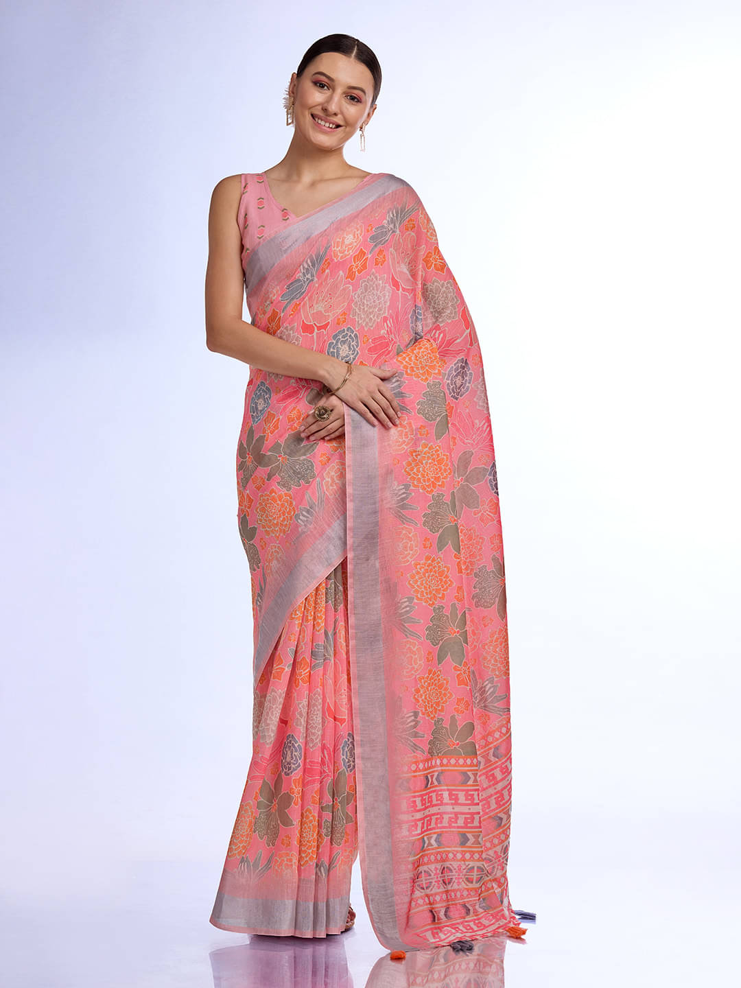     			Rekha Maniyar Linen Printed Saree With Unstitched Blouse Piece ( Pink )