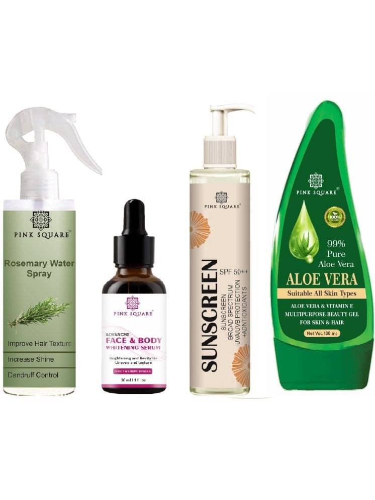 Rosemary Water Hair Spray 100ml, Face and Bady Whitening Serum 30ml, Sunscreen with SPF 50++ 100ml & Multipurpose Aloevera Gel 130ml Combo of 4 Items Rosemary Water Hair Spray 100ml, Face and Bady Whitening Serum 30ml, Sunscreen with SPF 50++ 100ml & Multipurpose Aloevera Gel 130ml Combo of 4 Items
