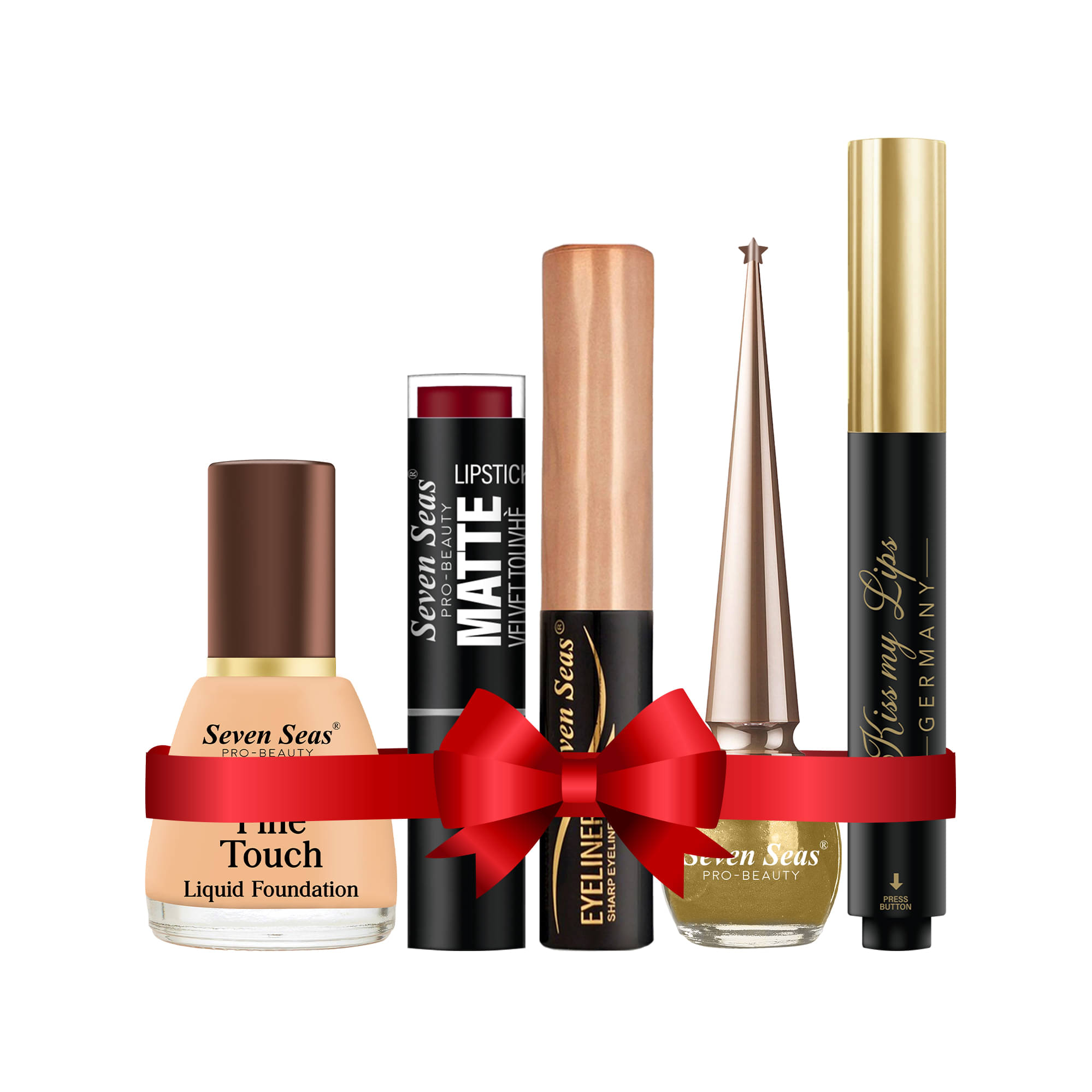     			Seven Seas Combo With Liquid Foundation+Matte Lipstick+Eyeliner+Golden Eyeliner+Lip Balm Pack of 05