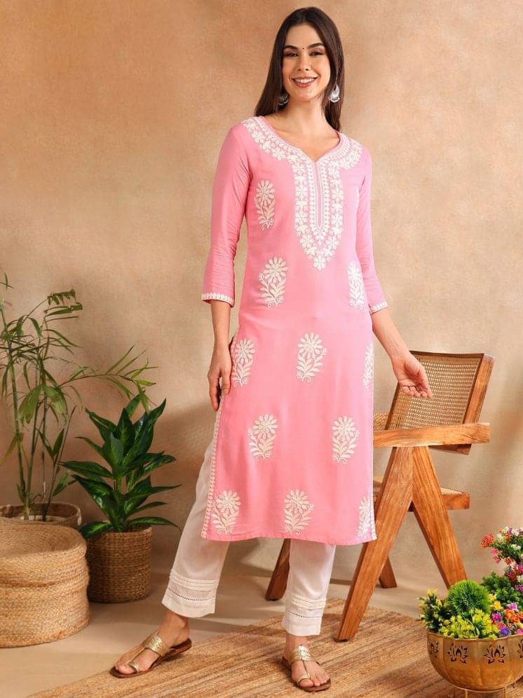     			Vaamsi Viscose Embroidered Straight Women's Kurti - Pink ( Pack of 1 )
