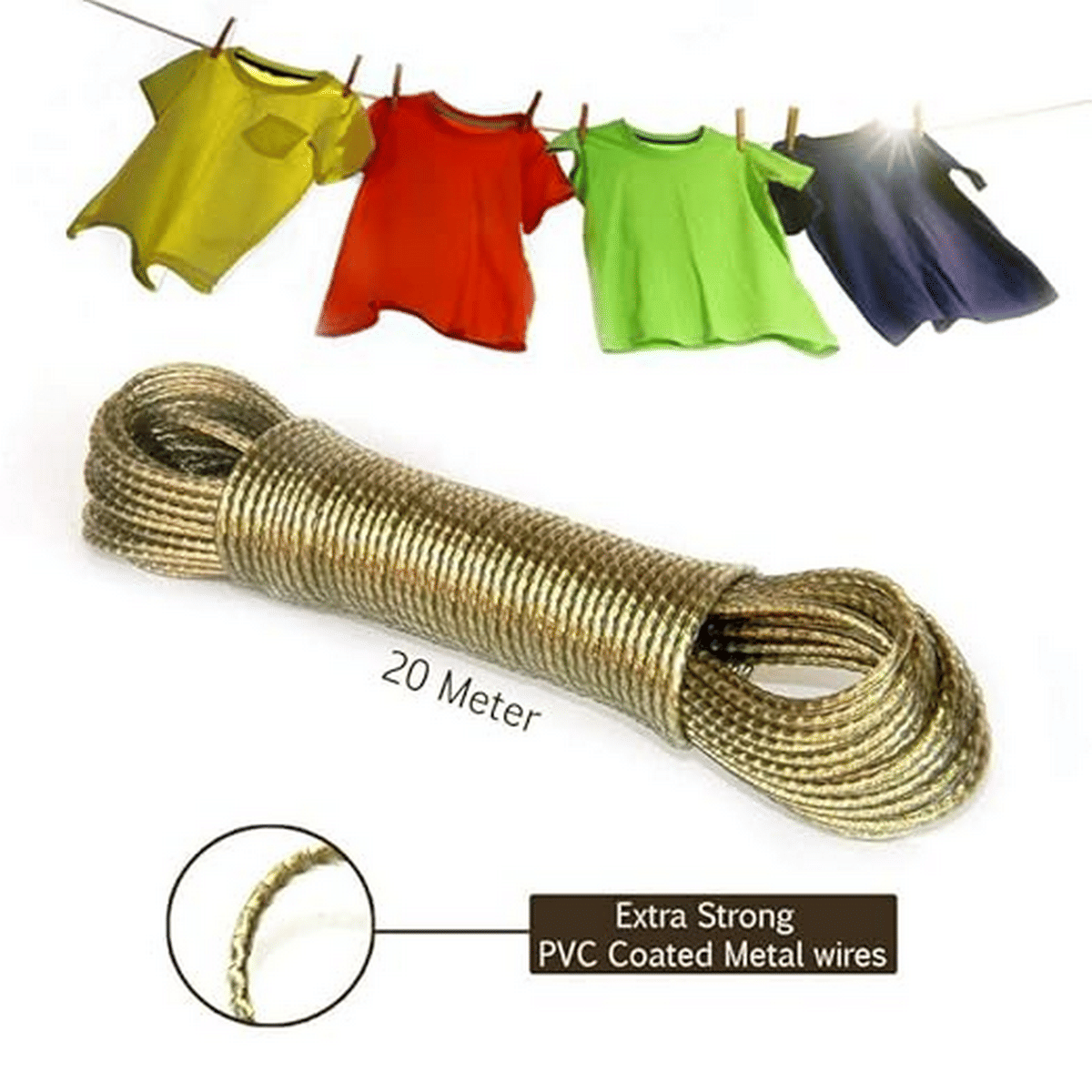 20-Meter PVC Coated Steel Wire Rope with 2 Plastic Hooks for Clothesline/Drying Clothes, Multi-Color, Pack of 1.