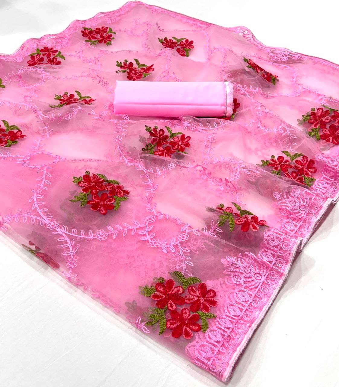     			Arkia Net Embellished Saree With Unstitched Blouse Piece ( Pink )