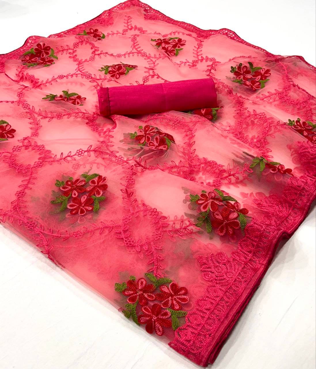     			Arkia Net Embellished Saree With Unstitched Blouse Piece ( Red )