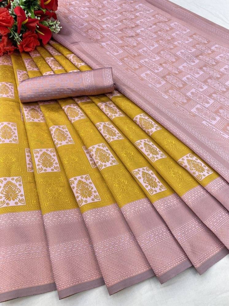     			Lady Shopi Banarasi Silk Solid Saree With Unstitched Blouse Piece ( Mustard )