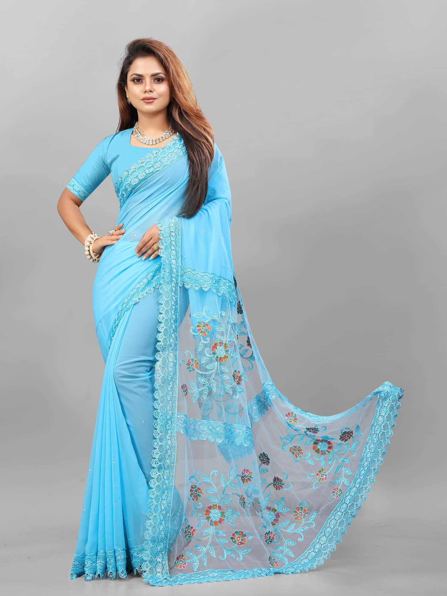 Lady Shopi Georgette Embellished Saree With Unstitched Blouse Piece ( SkyBlue ) - Sarees | Buy online on ZillyBuy