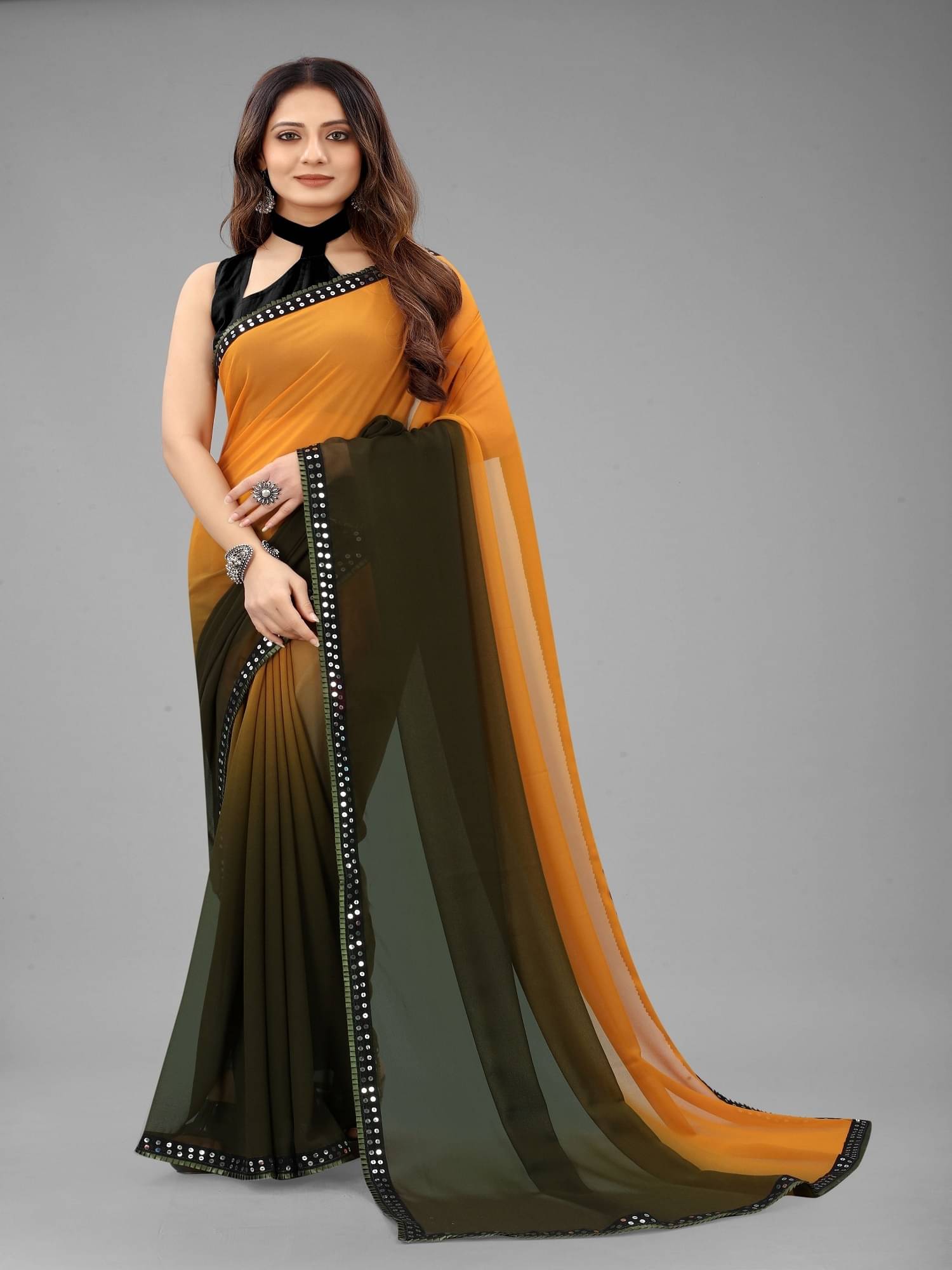    			Lady Shopi Georgette Embellished Saree With Unstitched Blouse Piece ( Light Green )