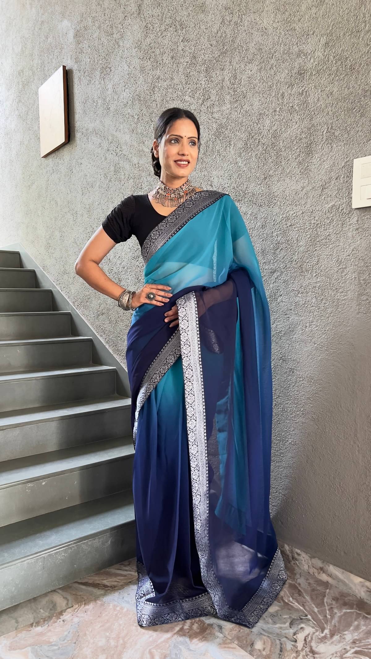     			Lady Shopi Georgette Solid Saree With Unstitched Blouse Piece ( Blue )