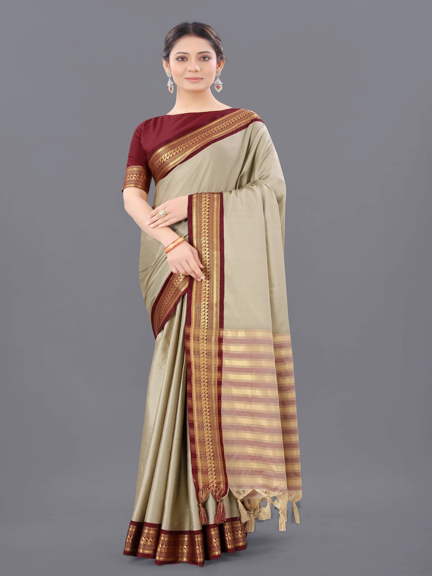 Lady Shopi Jacquard Embellished Saree With Unstitched Blouse Piece ( Brown ) Lady Shopi Jacquard Embellished Saree With Unstitched Blouse Piece ( Brown )