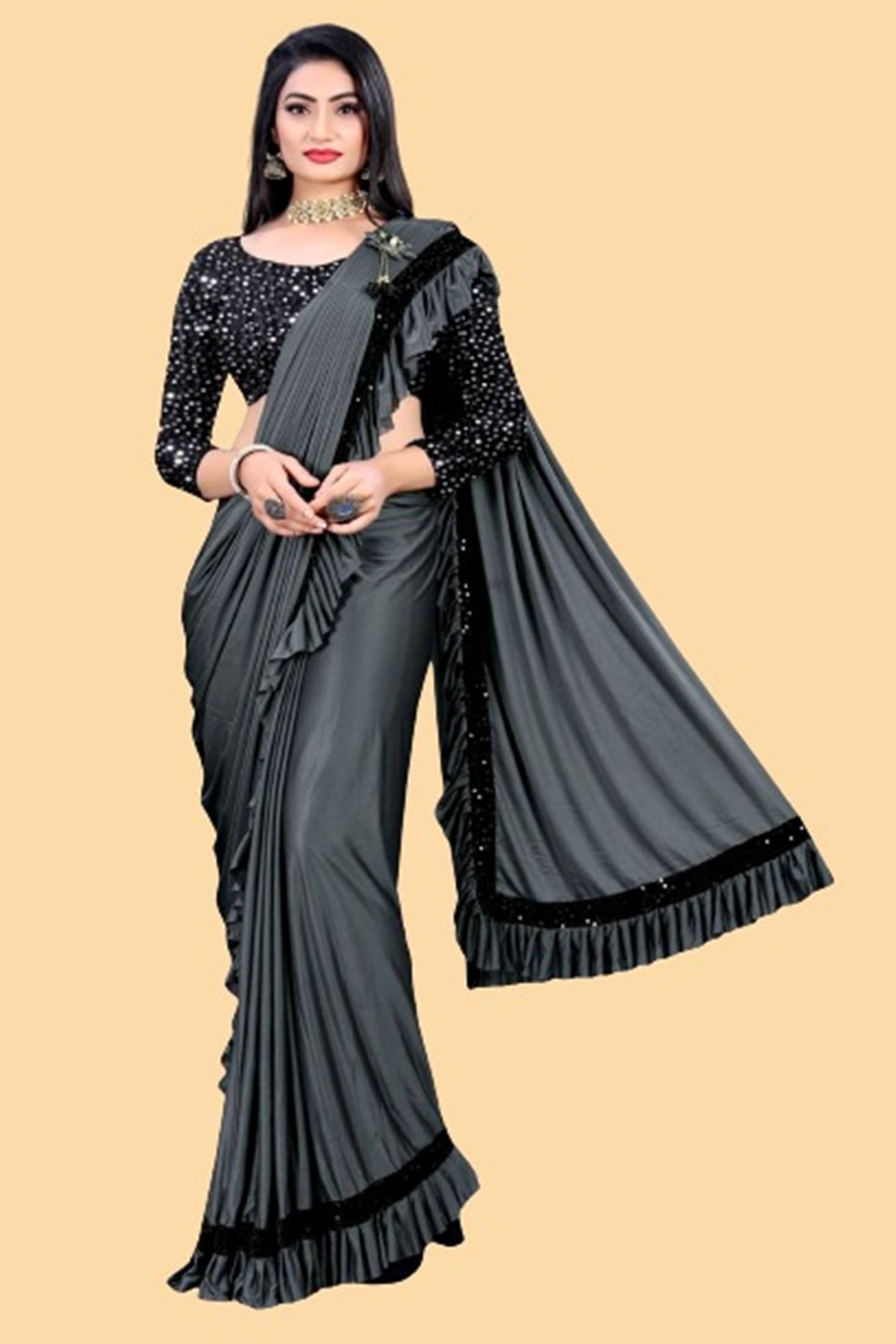 Lady Shopi Lycra Embellished Saree With Unstitched Blouse Piece ( Grey ) Lady Shopi Lycra Embellished Saree With Unstitched Blouse Piece ( Grey )