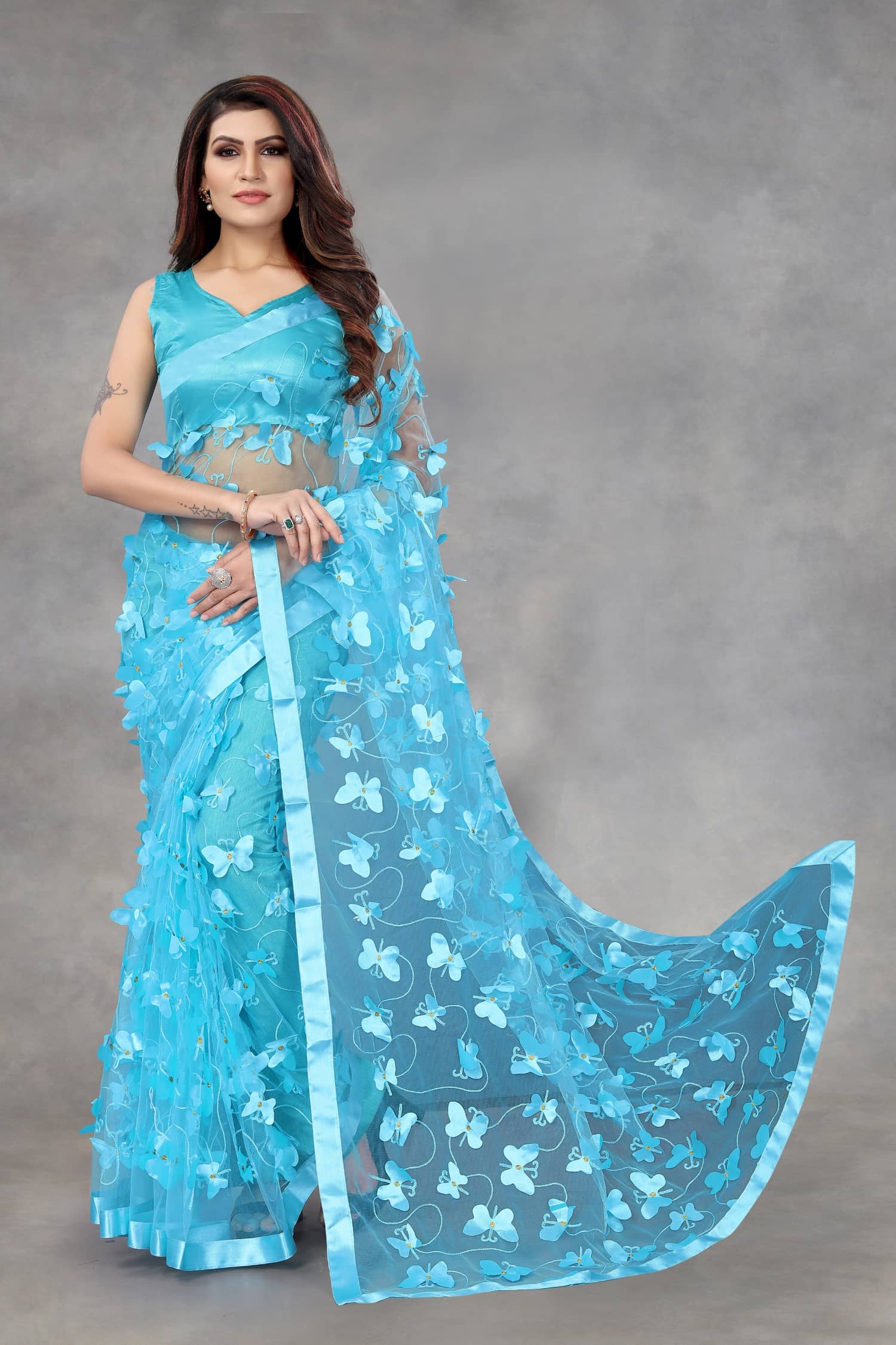 Lady Shopi Net Embellished Saree With Unstitched Blouse Piece ( Turquoise ) - Sarees | Buy online on ZillyBuy