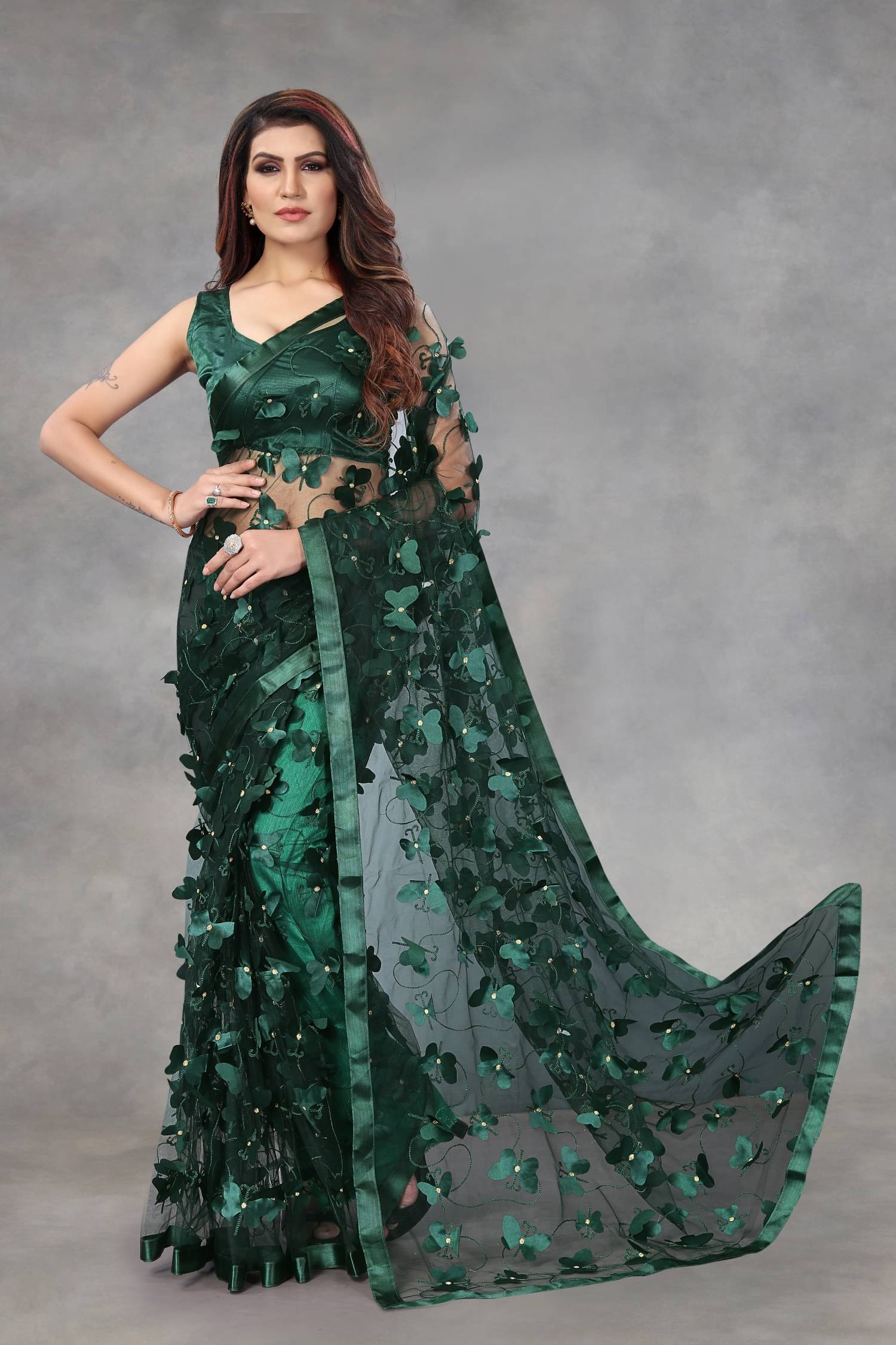    			Lady Shopi Net Embellished Saree With Unstitched Blouse Piece ( Green )