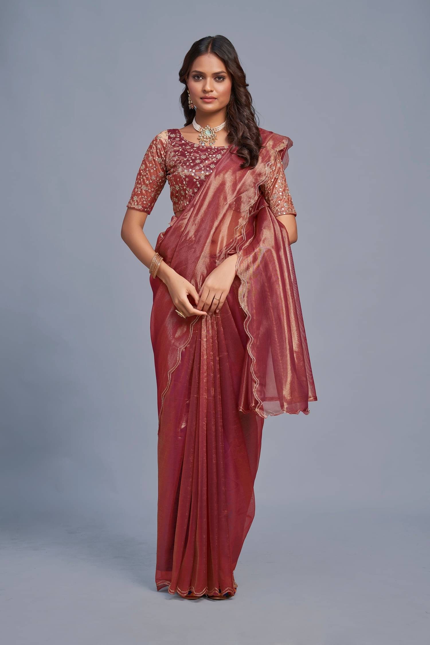 Lady Shopi Silk Embellished Saree With Unstitched Blouse Piece ( Maroon ) Lady Shopi Silk Embellished Saree With Unstitched Blouse Piece ( Maroon )