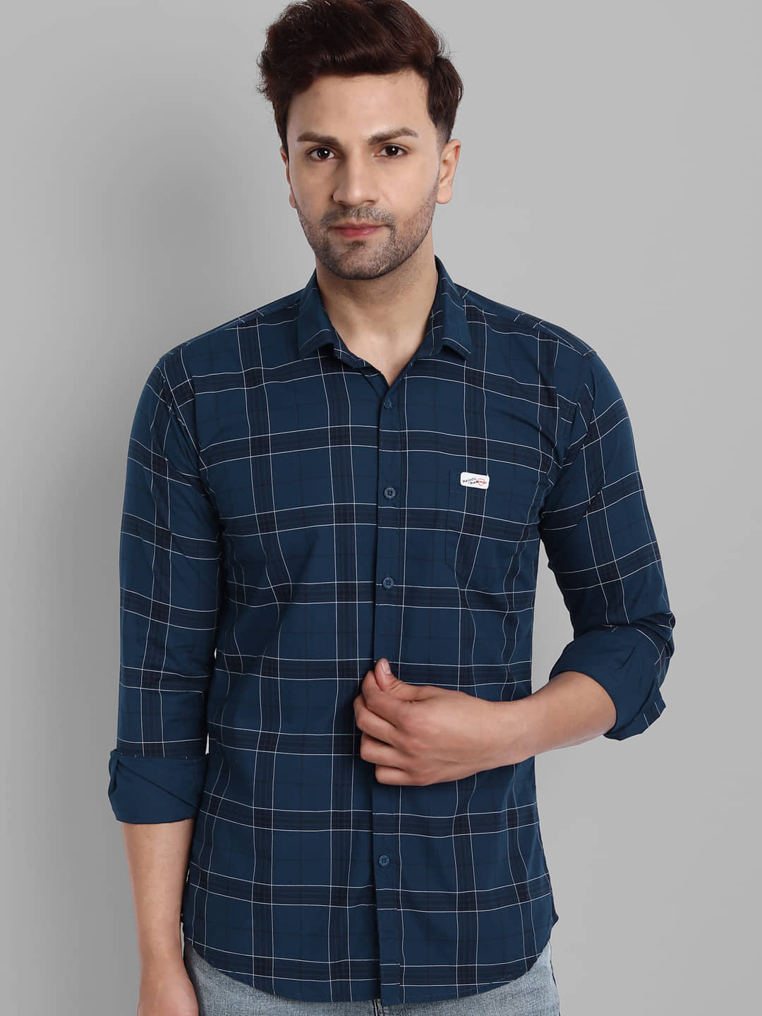 MAJESTIC MAN 100% Cotton Slim Fit Checks Full Sleeves Men's Casual Shirt - Navy Blue ( Pack of 1 )