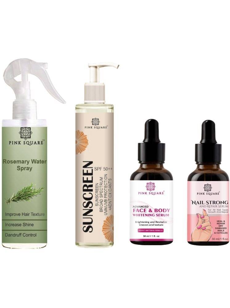Rosemary Water Hair Spray 100ml, Sunscreen with SPF 50++ 100ml, Face and Body Whitening Serum 30ml & Nail Strong Serum 30ml Combo 4 Rosemary Water Hair Spray 100ml, Sunscreen with SPF 50++ 100ml, Face and Body Whitening Serum 30ml & Nail Strong Serum 30ml Combo 4