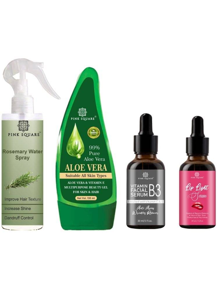 Rosemary Water Hair Spray 100ml, Multipurpose Pure Aloe vera Gel 130ml, Vitamin B3 Facial Serum 30ml & Lip light Serum 30ml Combo 4 Rosemary Water Hair Spray 100ml, Multipurpose Pure Aloe vera Gel 130ml, Vitamin B3 Facial Serum 30ml & Lip light Serum 30ml Combo 4