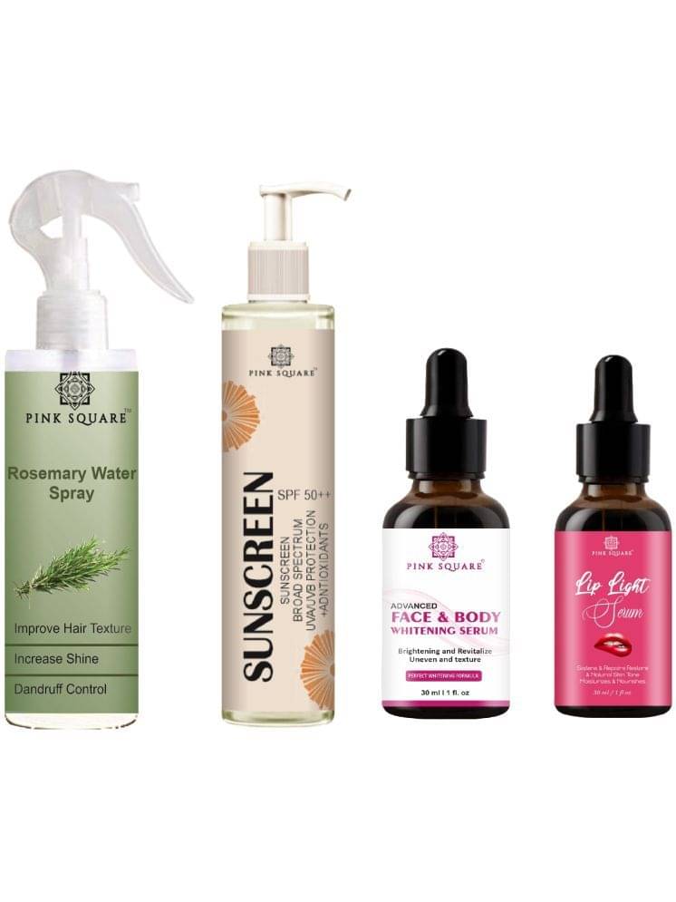 Rosemary Water Hair Spray 100ml, Sunscreen with SPF 50++ 100ml, Face and Body Whitening Serum 30ml & Lip light Serum 30ml Combo 4 Rosemary Water Hair Spray 100ml, Sunscreen with SPF 50++ 100ml, Face and Body Whitening Serum 30ml & Lip light Serum 30ml Combo 4