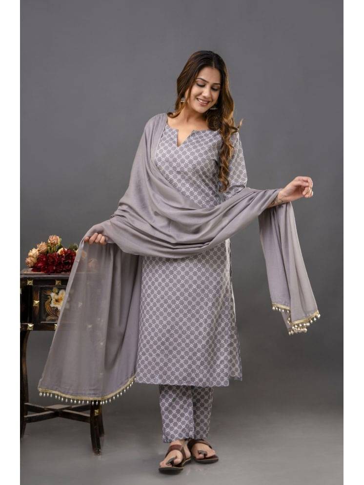     			Shivaradhya designers Cotton Printed Kurti With Pants Women's Stitched Salwar Suit - Grey ( Pack of 1 )