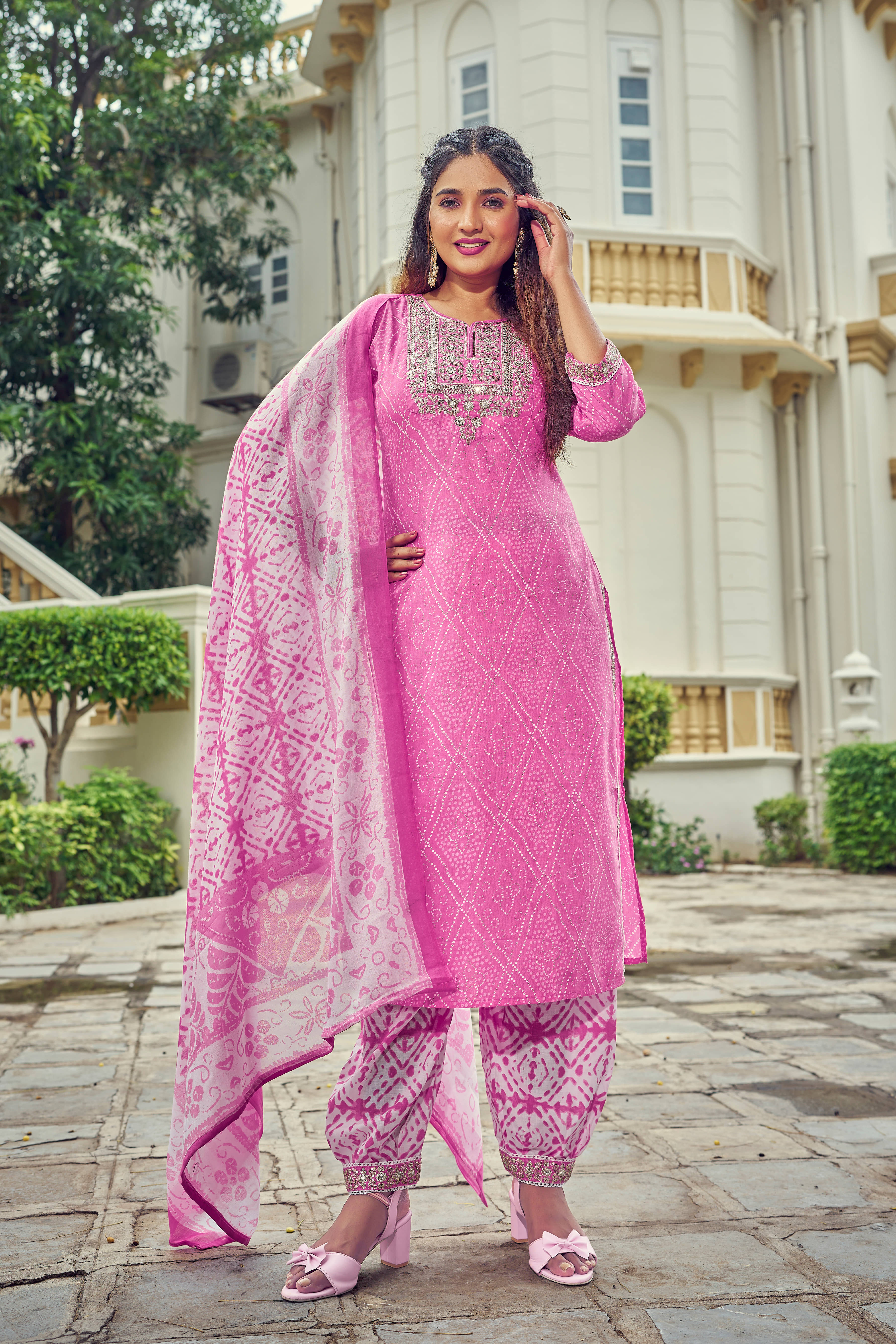 TRAHIMAM Cotton Blend Embellished Kurti With Pants Women's Stitched Salwar Suit - Pink ( Pack of 1 )