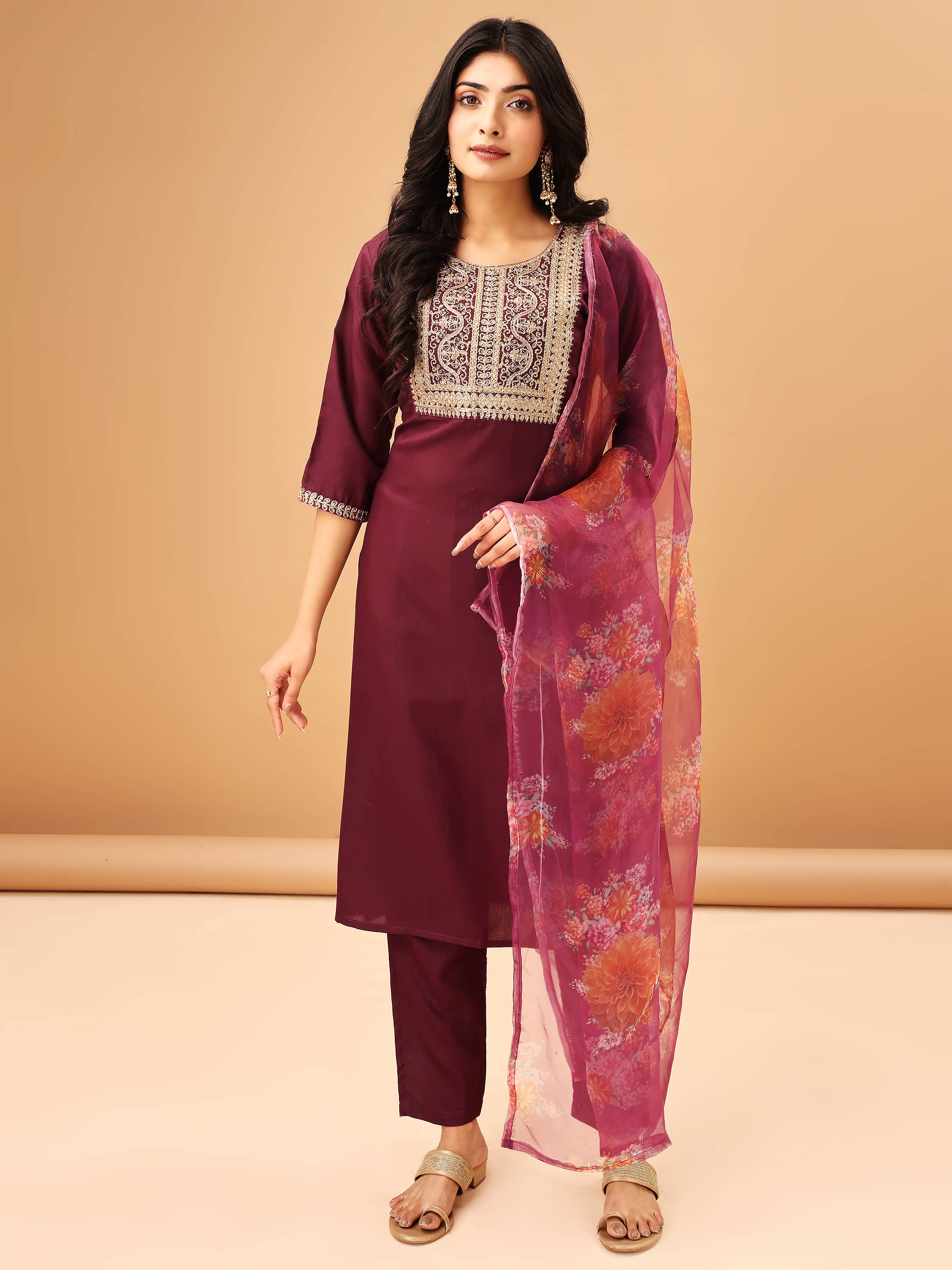 TRAHIMAM Cotton Blend Embroidered Kurti With Pants Women's Stitched Salwar Suit - Purple ( Pack of 1 )