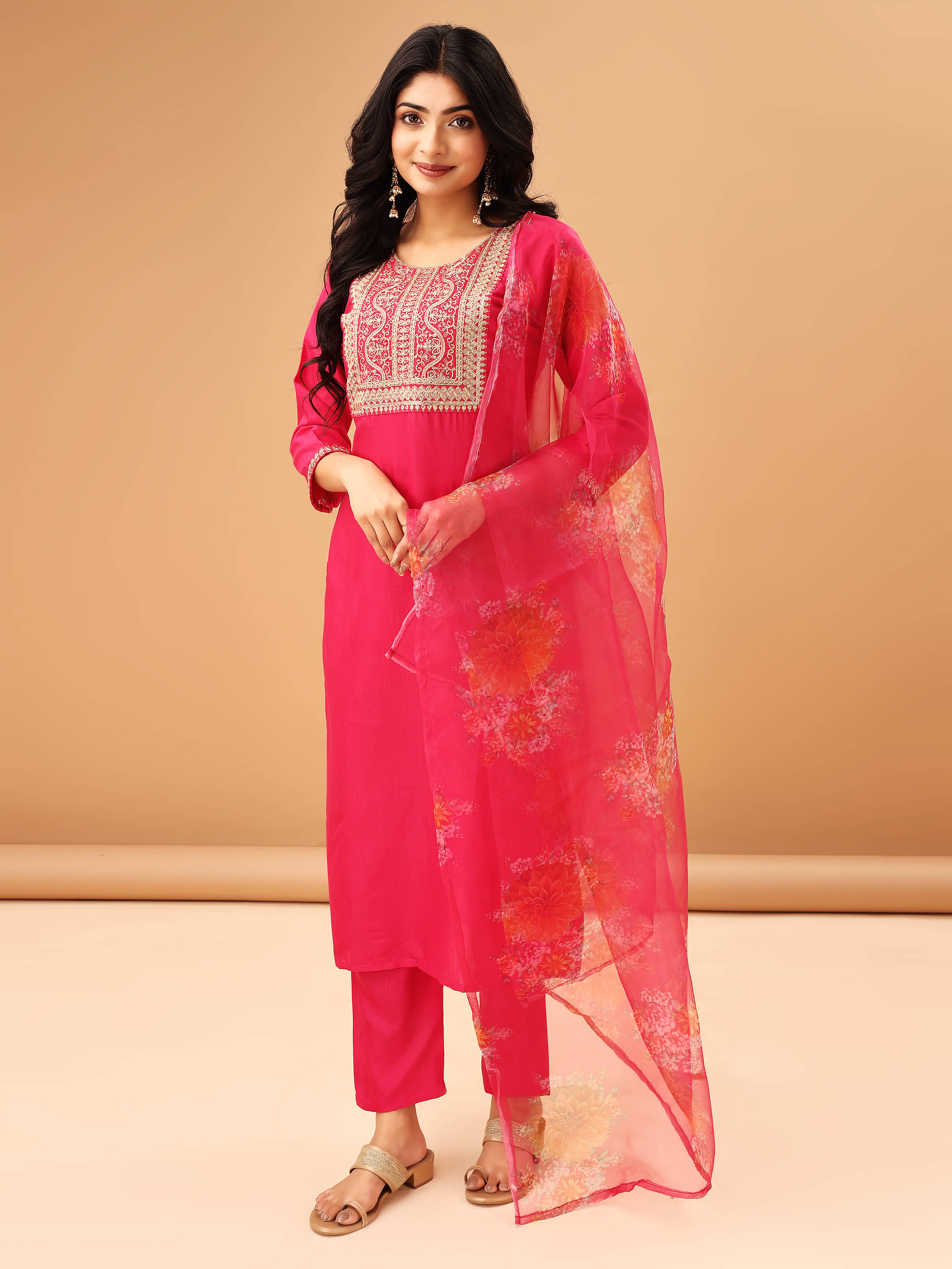 TRAHIMAM Cotton Blend Embroidered Kurti With Pants Women's Stitched Salwar Suit - Pink ( Pack of 1 )