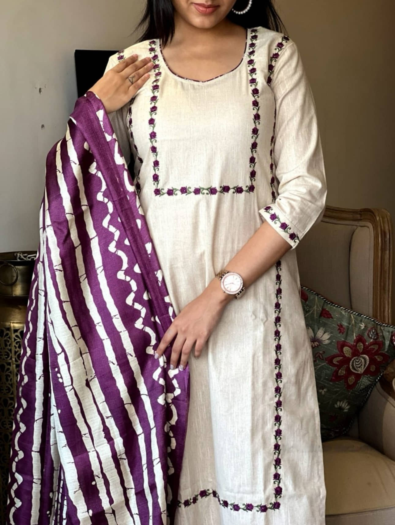TRAHIMAM Cotton Blend Embroidered Kurti With Pants Women's Stitched Salwar Suit - White ( Pack of 1 )