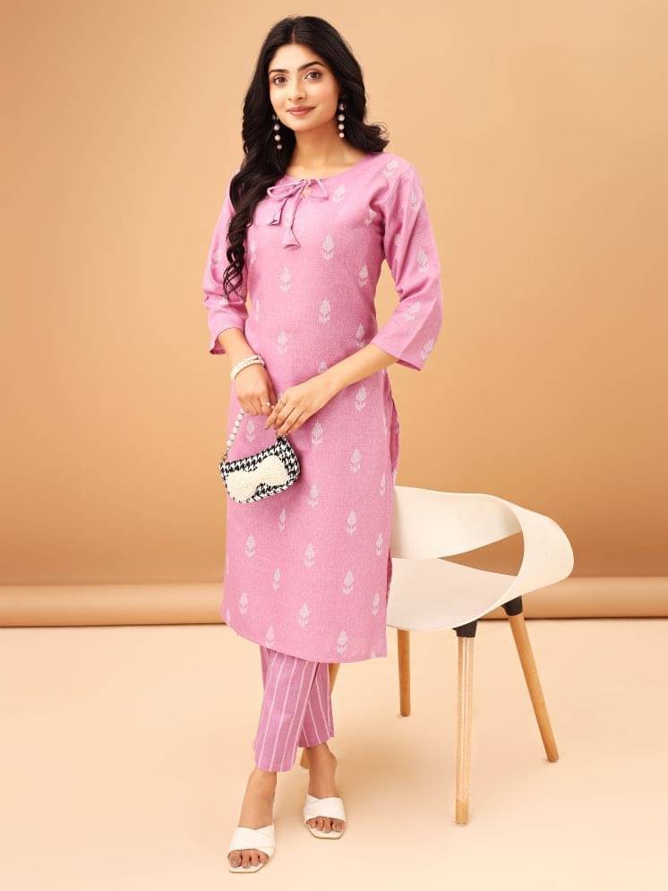     			TRAHIMAM Cotton Blend Printed Kurti With Pants Women's Stitched Salwar Suit - Purple ( Pack of 1 )
