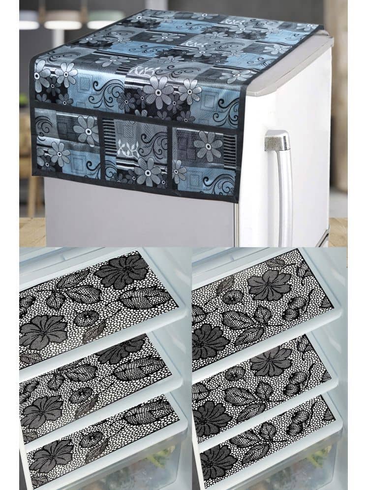 Crosmo PVC Floral Printed Fridge Mat & Cover ( 99 53 ) Pack of 7 - Multicolor